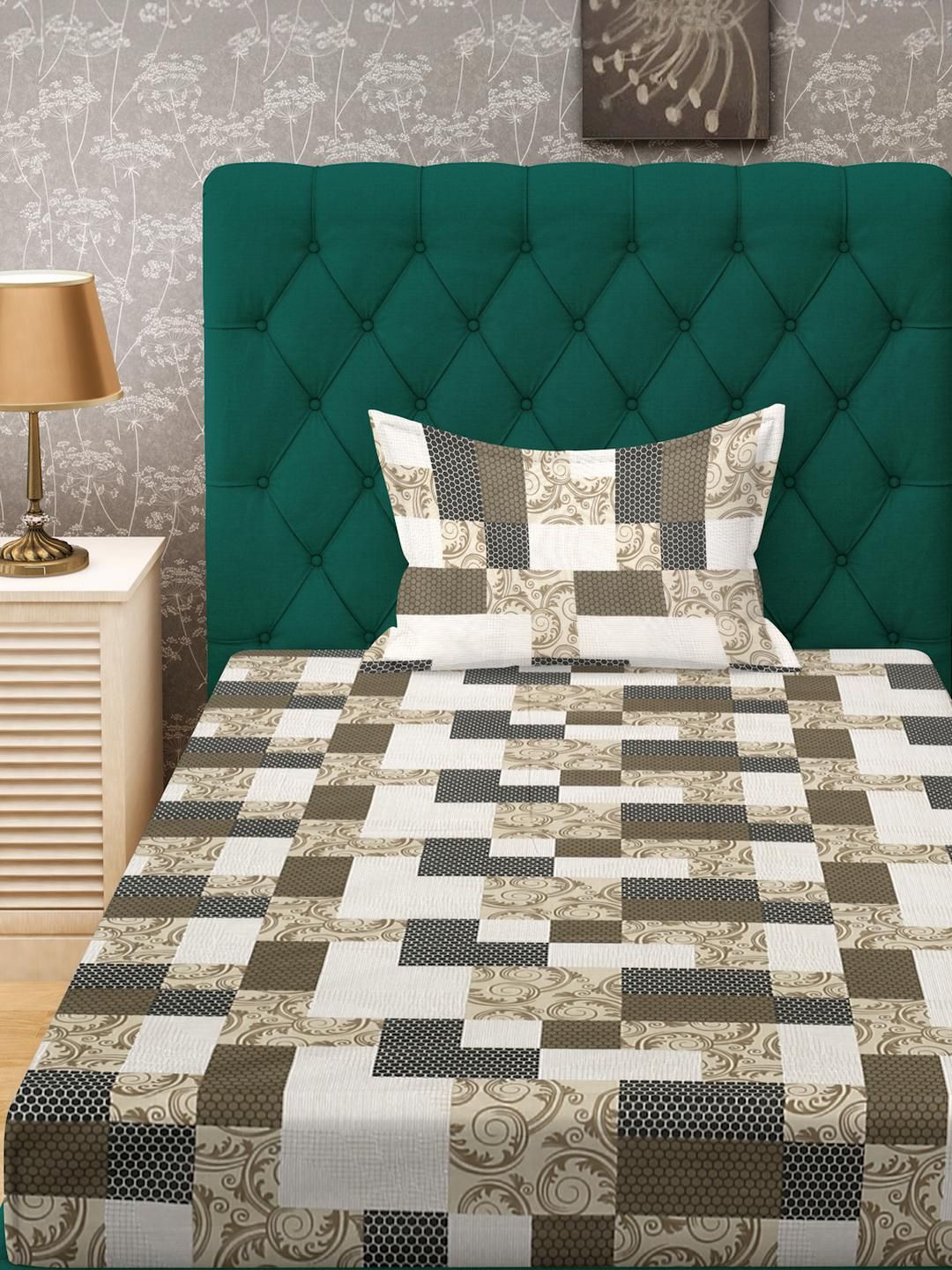 KLOTTHE White & Cream Geometric 400 TC Single Cotton Bedsheet with 1 Pillow Covers