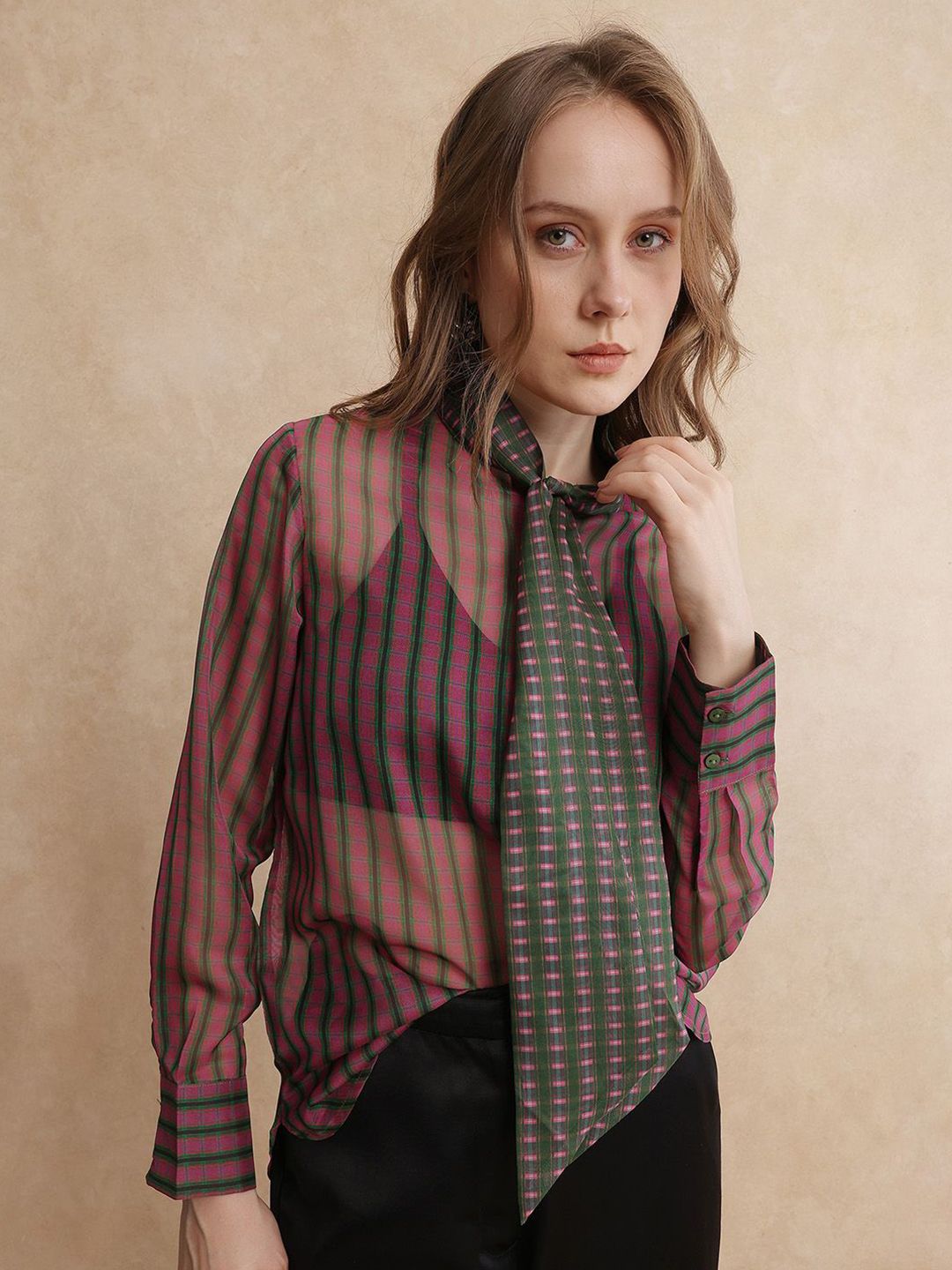 RAREISM Women Checked Tie-Up Neck Shirt Style Top