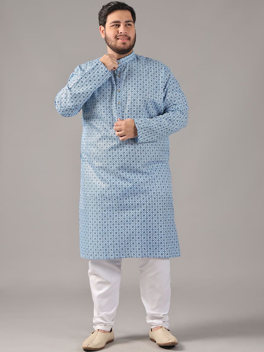 SOJANYA PLUS Plus Size Men Ethnic Motifs Printed Band Collar Straight Kurta With Pyjamas