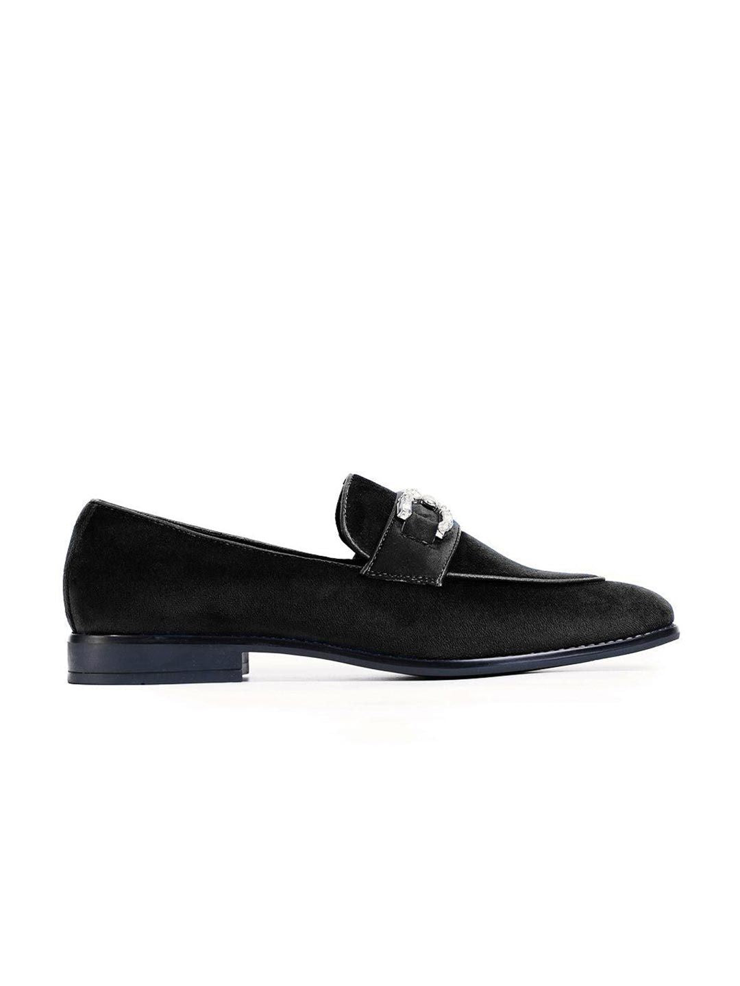 Monkstory Men Royal Black Velvet Crystal Bit Loafers