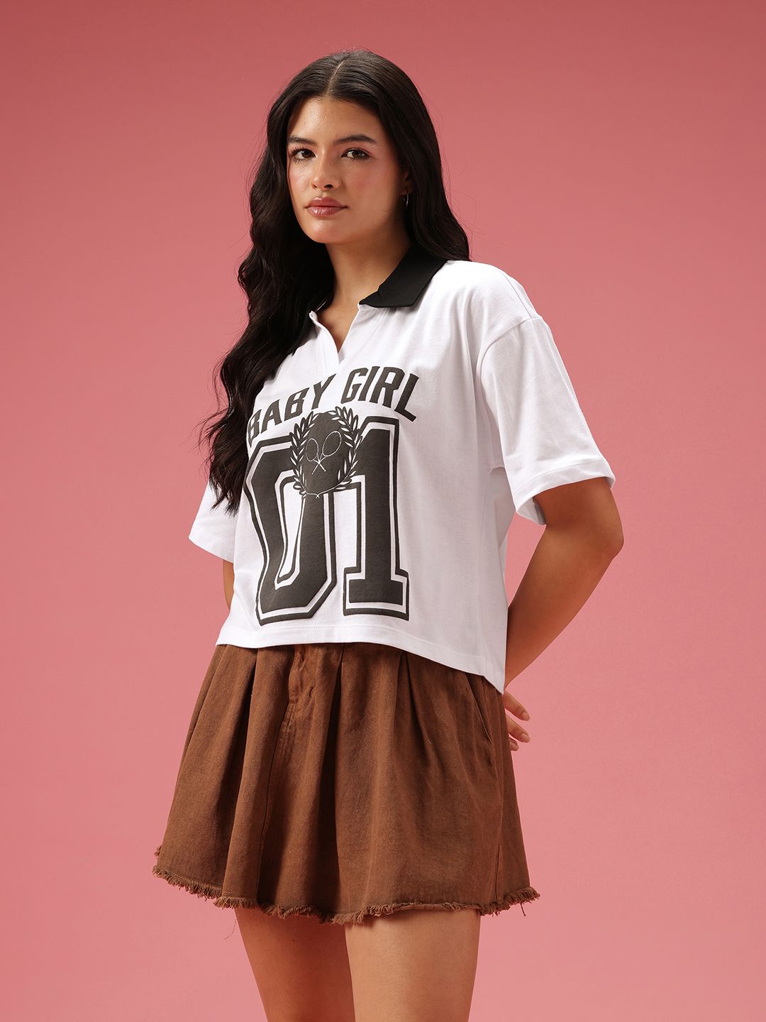 DressBerry Pure Cotton Varsity Printed Polo Collar Boxy T-shirt