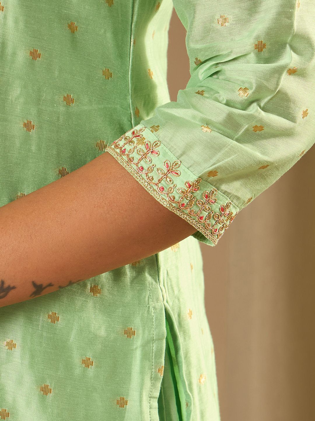Indo Era Floral Embroidered Chanderi Silk Straight Kurta With Trousers & Dupatta