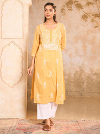Rumah Wanita Chikankari Cotton Kuning Chikankari Sulam Kurta