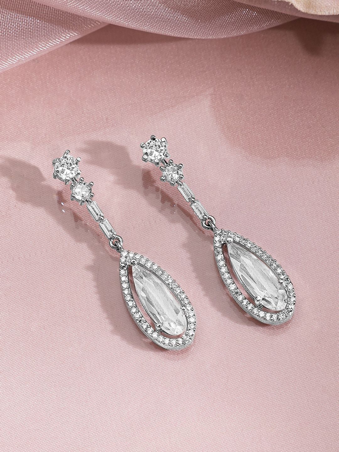 Rubans Rhodium Plated AD & Cubic Zirconia Studded Teardrop Statement Jewellery Set