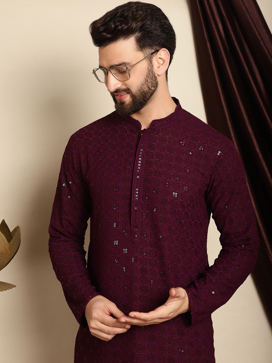 Anouk Burgundy Mandarin Collar Sequinned Pure Cotton Straight Kurta with Pyjamas