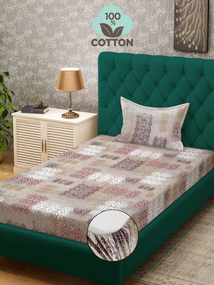 Myntra Elegant Homes Beige 400 TC Pure Cotton Fitted Single Bedsheet Set 2.25 m x 1.5 m