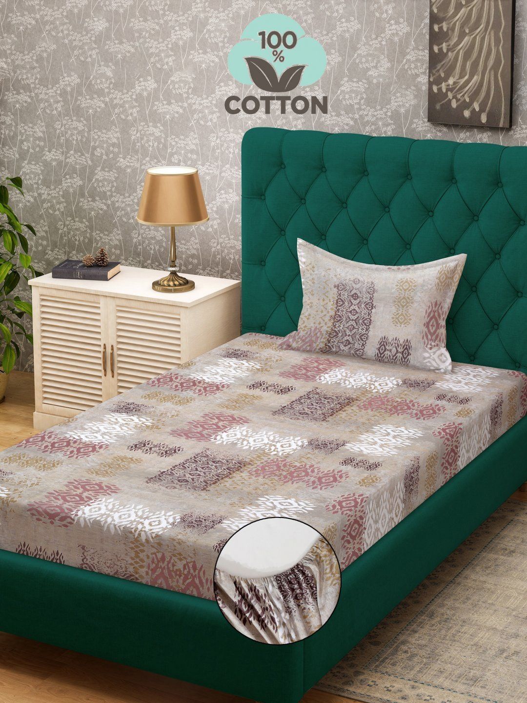 Myntra Elegant Homes Beige 400 TC Pure Cotton Fitted Single Bedsheet Set 2.25 m x 1.5 m