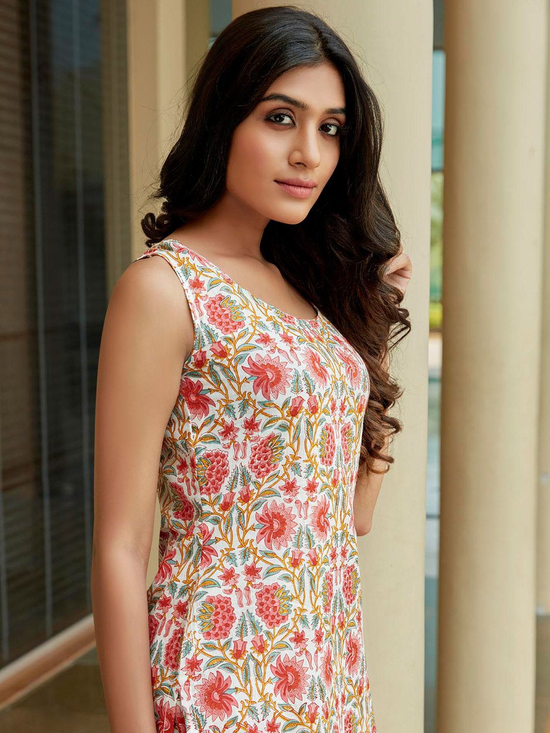 KALINI Floral Printed Sleeveless Gotta Patti Pure Cotton Straight Kurta With Sharara