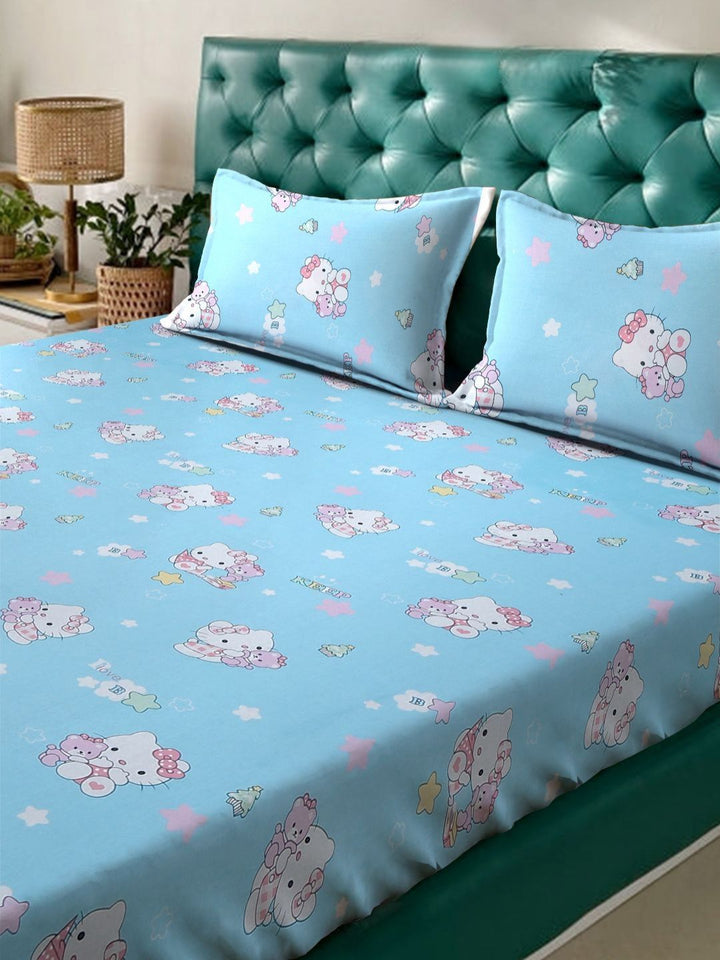 Myntra Elegant Homes Biru Watak Kartun Kapas Tulen 400 TC Dilengkapi Cadar King Superfine dengan 2 Sarung Bantal-98 x 89 inci
