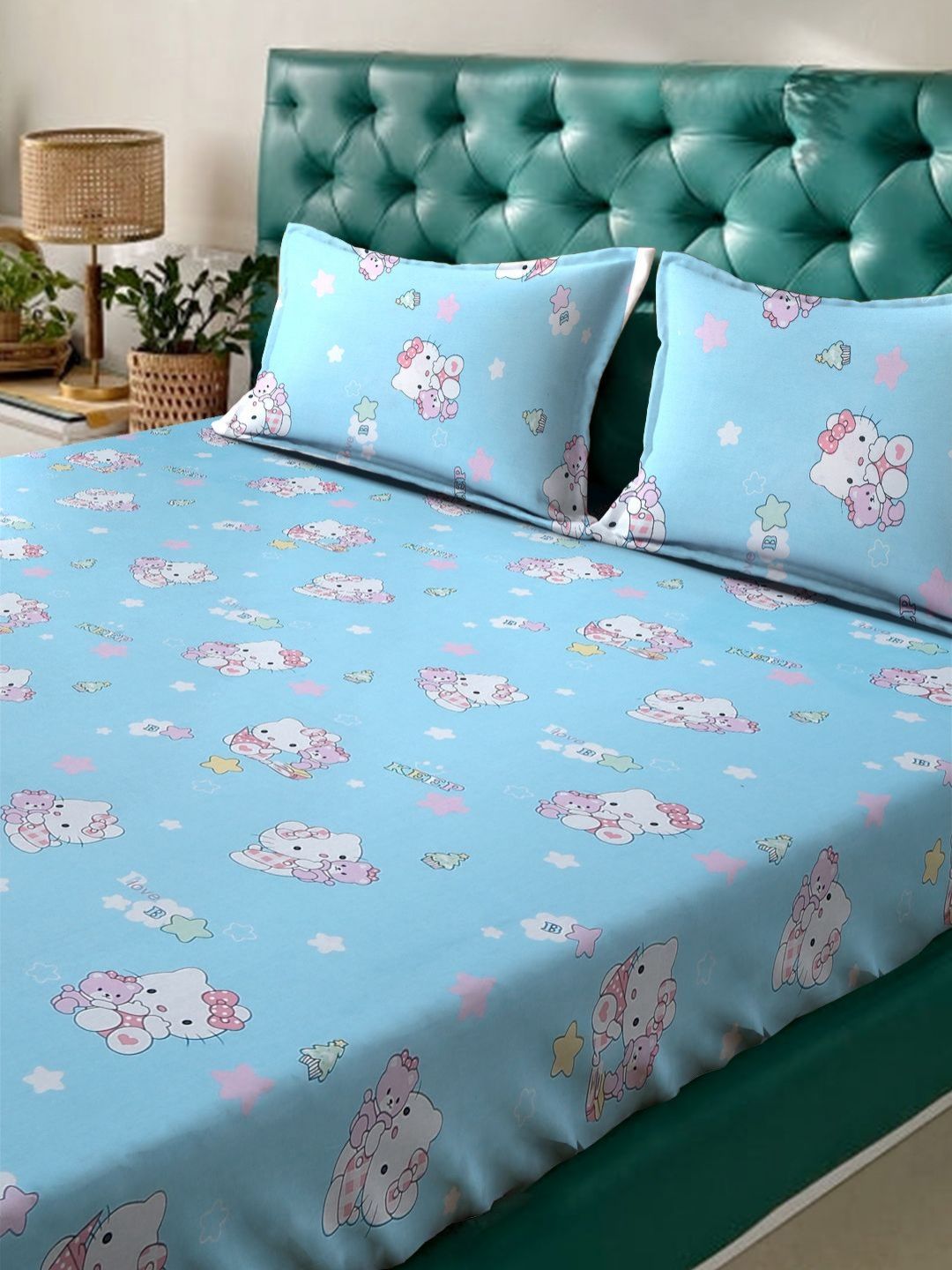 Myntra Elegant Homes Biru Watak Kartun Kapas Tulen 400 TC Dilengkapi Cadar King Superfine dengan 2 Sarung Bantal-98 x 89 inci