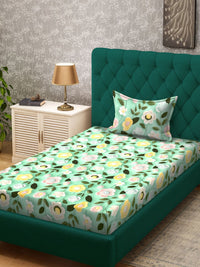 KLOTTHE Green & Pink Floral Printed Flat 300 TC Single 7D Bedsheet With Pillow Cover