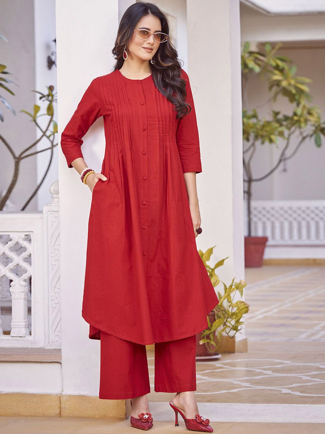 KALINI Pure Cotton Pleated A-Line Kurta with Trousers