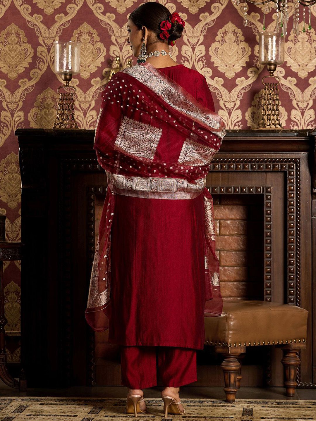 Indo Era Ethnic Motifs Zari Embroidered Liva Kurta with Trouser & Dupatta
