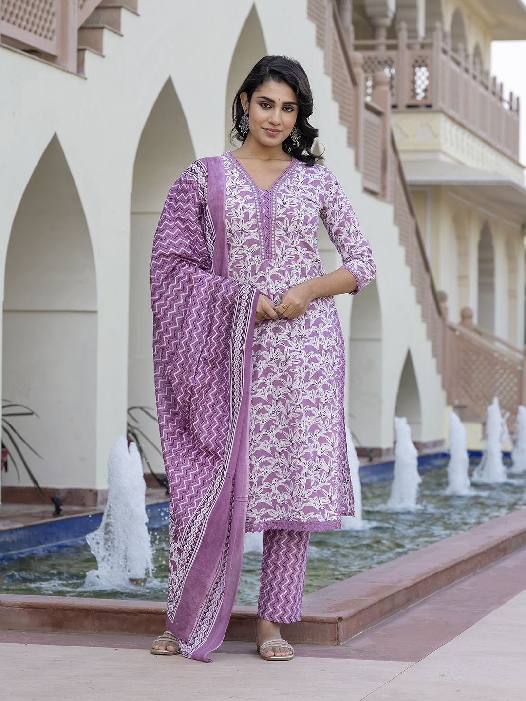 KALINI Women Floral Printed Regular Pure Cotton Kurta with Trousers & With Dupatta