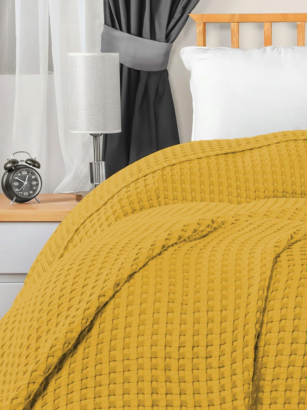 URBAN SPACE Waffle Mustard Checked Cotton AC Room 150 GSM Single Bed Blanket