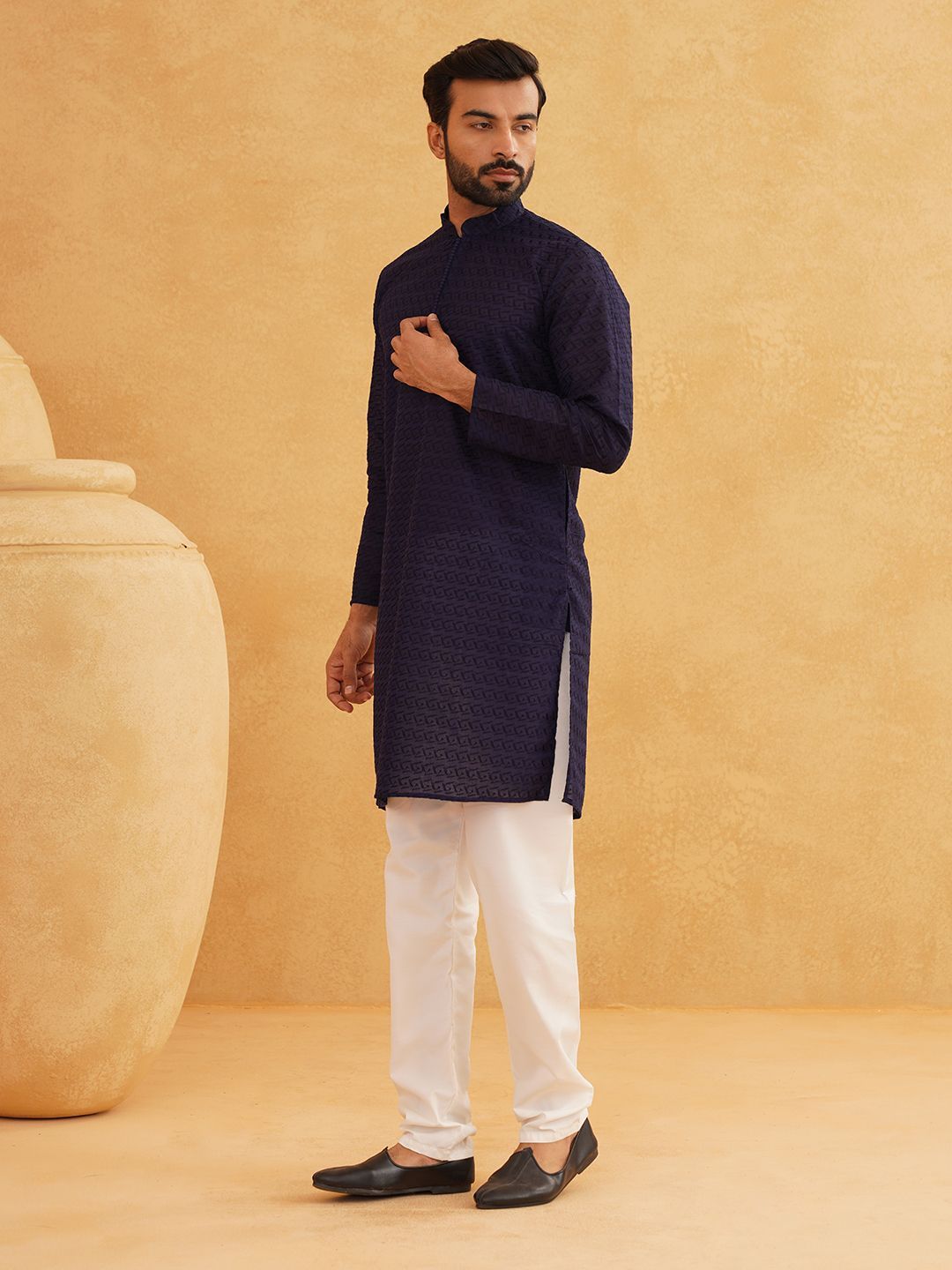 SOJANYA Ethnic Motifs Chikankari Band Collar Pure Cotton Straight Long Kurta