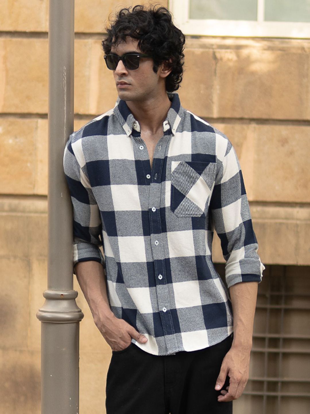 Powerlook Men Slim Fit Windowpane Checked Button-Down Collar Casual Shirt