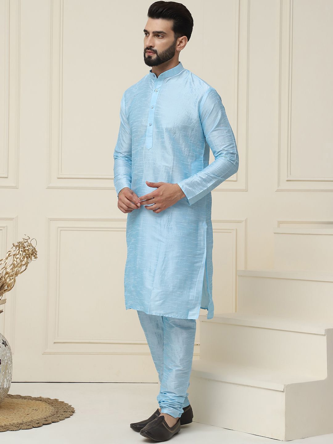 SOJANYA Mandarin Collar Silk Cotton Straight Kurta with Churidar