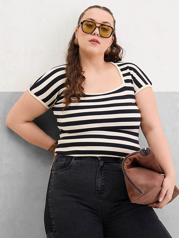 SASSAFRAS Women Plus Size Striped Cotton Top