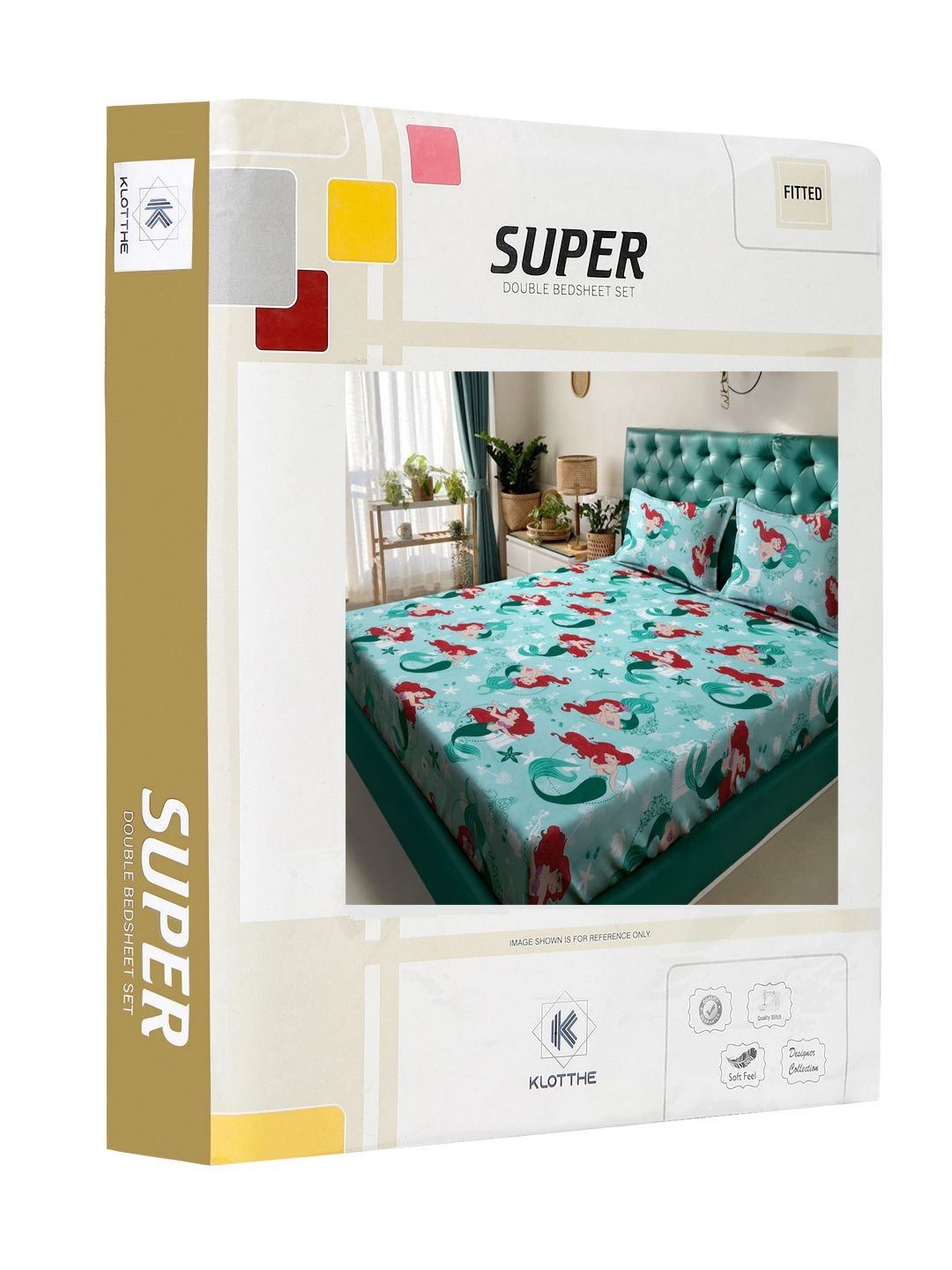 KLOTTHE Turquoise Blue Printed 400 TC Pure Cotton Fitted Double King Bedsheet Set