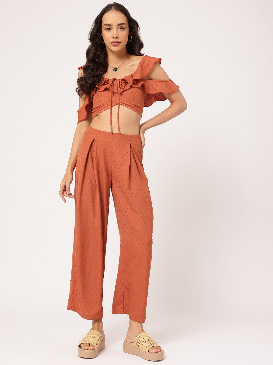 DressBerry Stylish & Romantic Ruffle Dobby Detail Pleated Co-Ords
