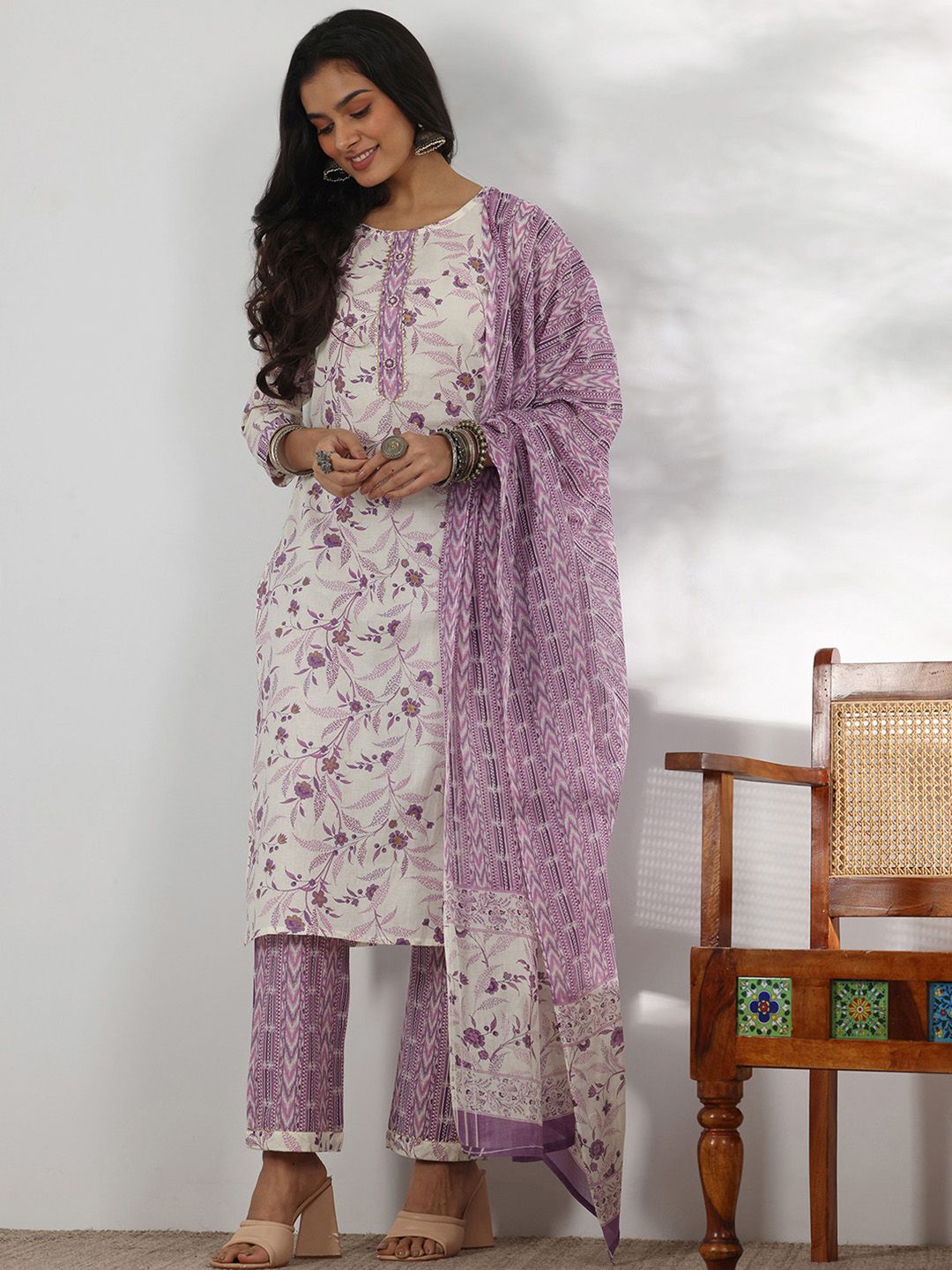 Libas Floral Printed Gotta Patti Pure Cotton Straight Kurta with Trousers & Dupatta