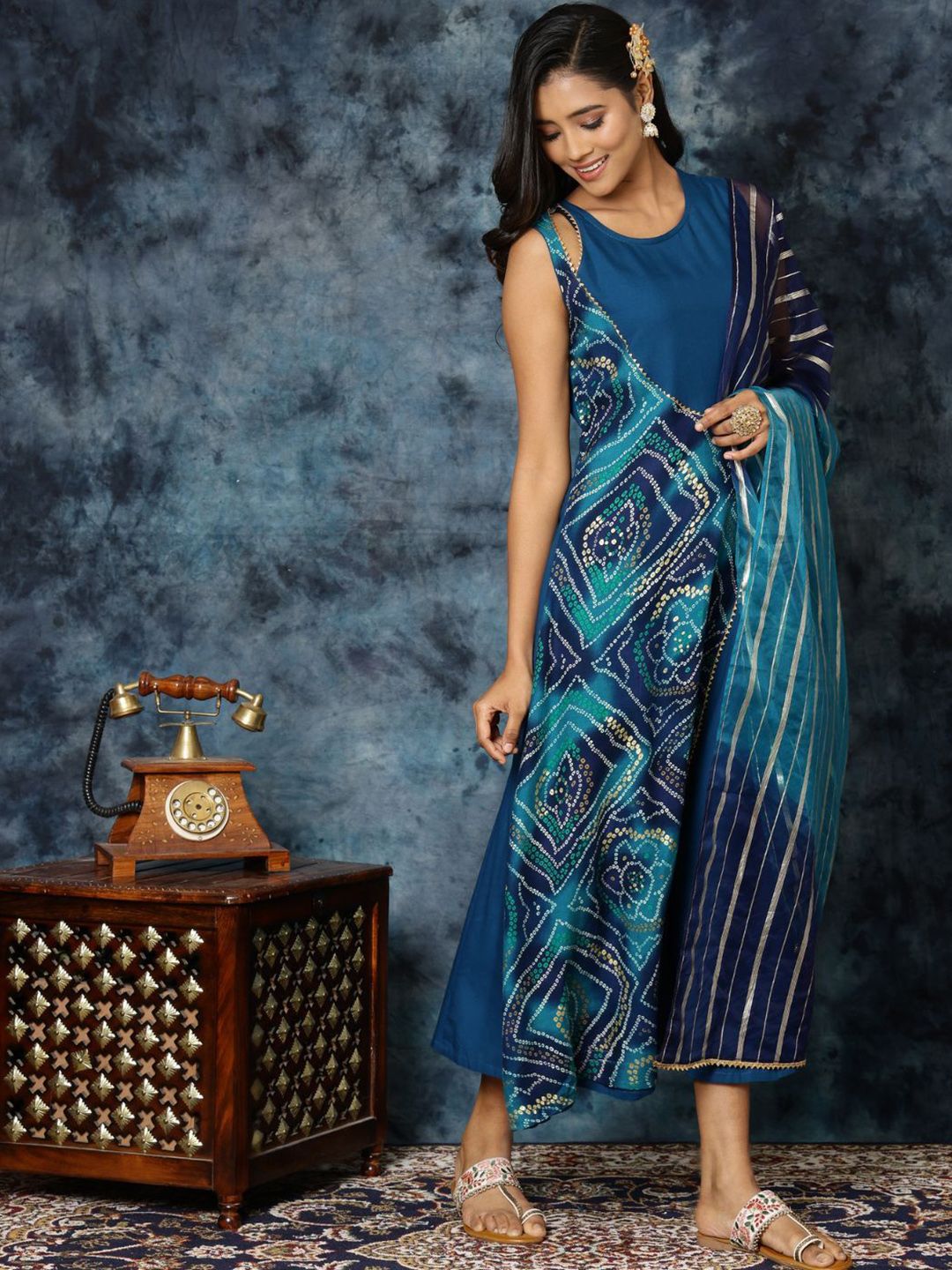 KALINI Women Rayon Embroidered Anarkali Bandhani Print Kurta With Organza Dupatta Set