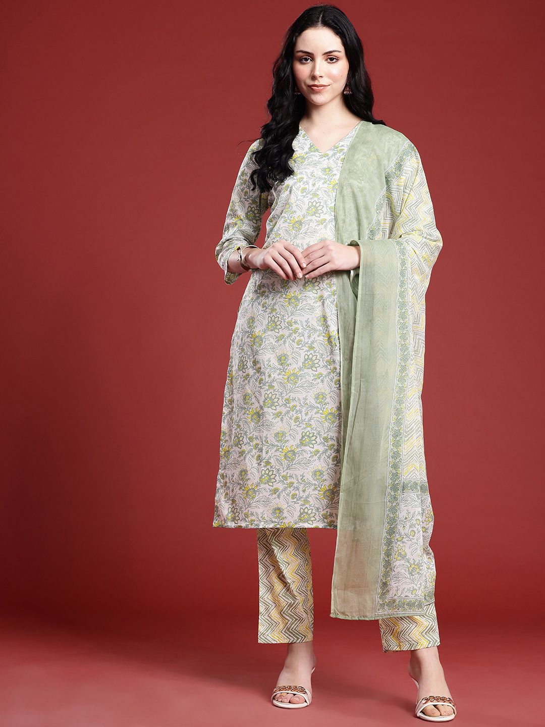 Anouk Floral Printed Regular Pure Cotton Kurta with Trousers & With Dupatta