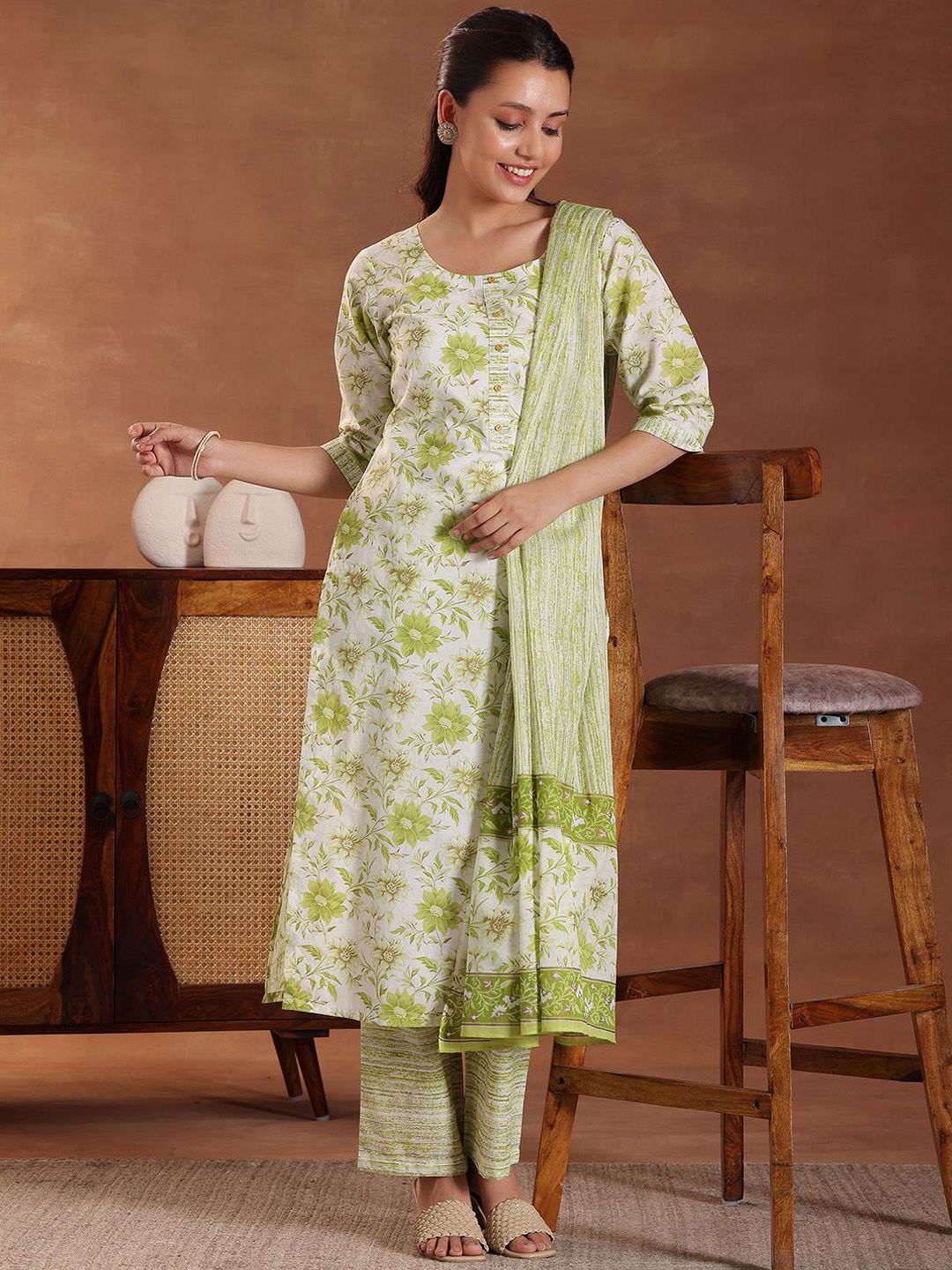 Libas Floral Printed Pure Cotton Straight Kurta With Trousers & Dupatta