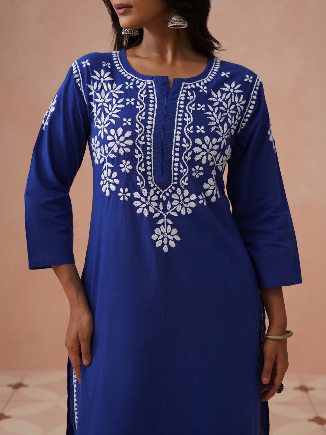 House of Chikankari Women Kurta Biasa Biru dengan Set Seluar