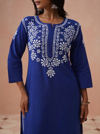 House of Chikankari Women Kurta Biasa Biru dengan Set Seluar