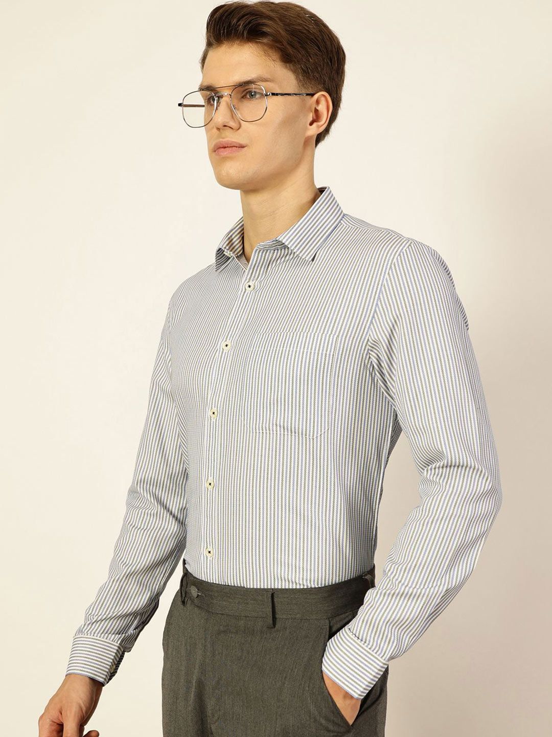 Thomas Scott Men Smart Spread Collar Pinstripes Striped Cotton Formal Shirt