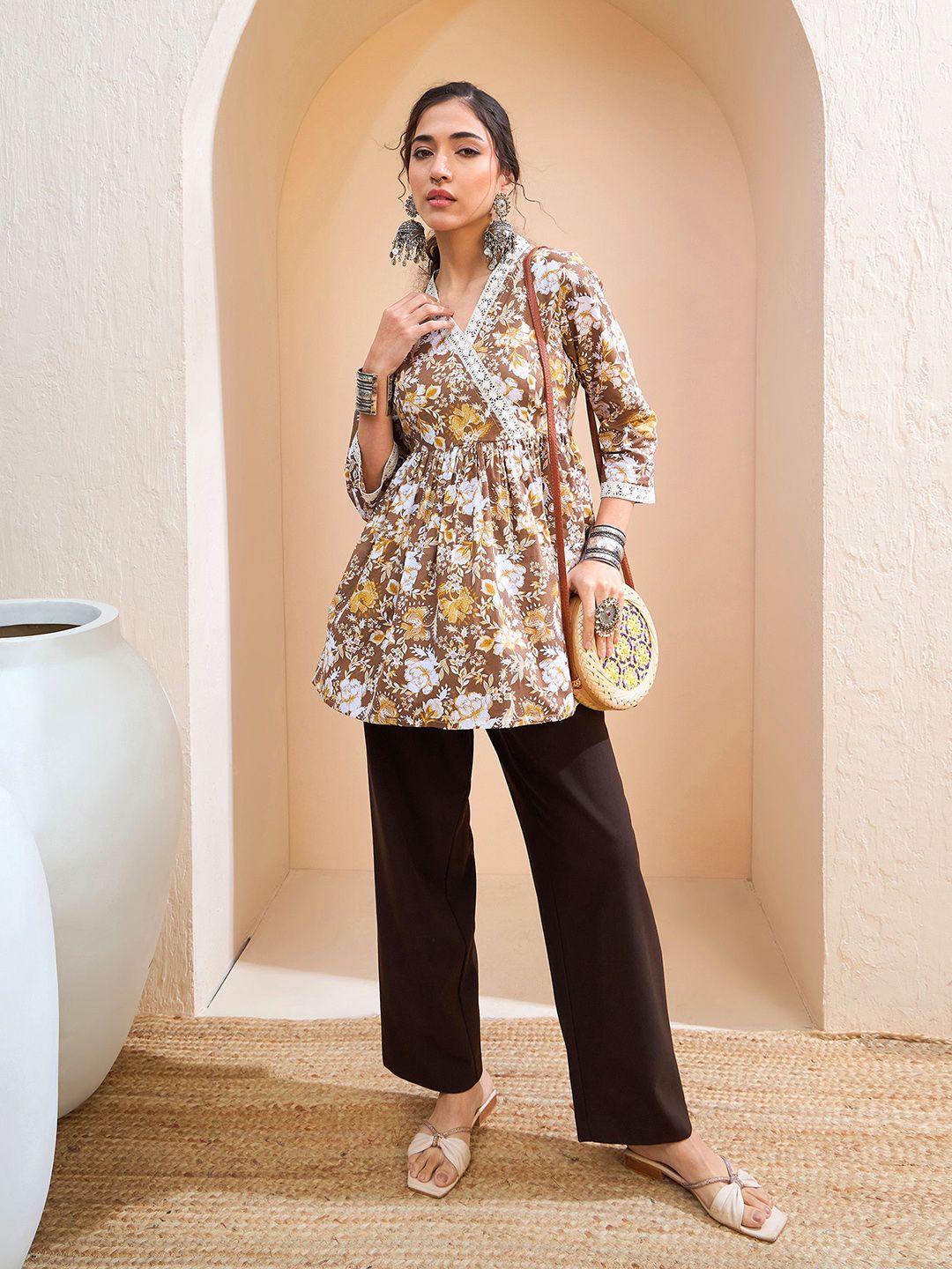 Shae by SASSAFRAS Floral Printed V-Neck Gotta Patti Pure Cotton Gotta Patti Angrakha Kurti