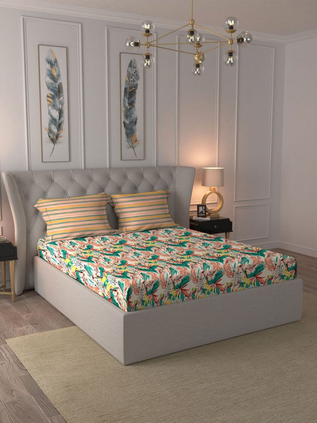 MYTRIDENT Dahlia Peach Moments Flat 120TC Queen Pure Cotton Bedsheet Set