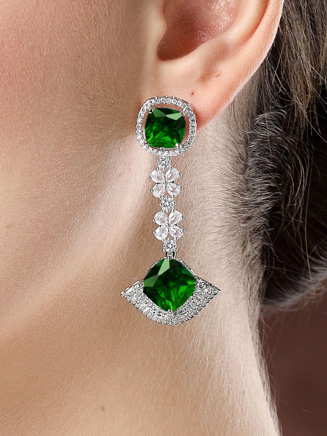 KARATCART Silver-Plated American Diamond Stone Studded Contemporary Drop Earrings