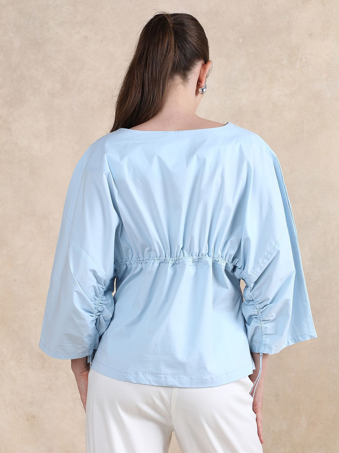 RAREISM Women Flared Sleeves Cotton Cinched Waist Top
