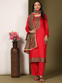 Mamicha Women Floral Yoke Design Thread Work Pure Cotton Kurta with Palazzo & Dupatta