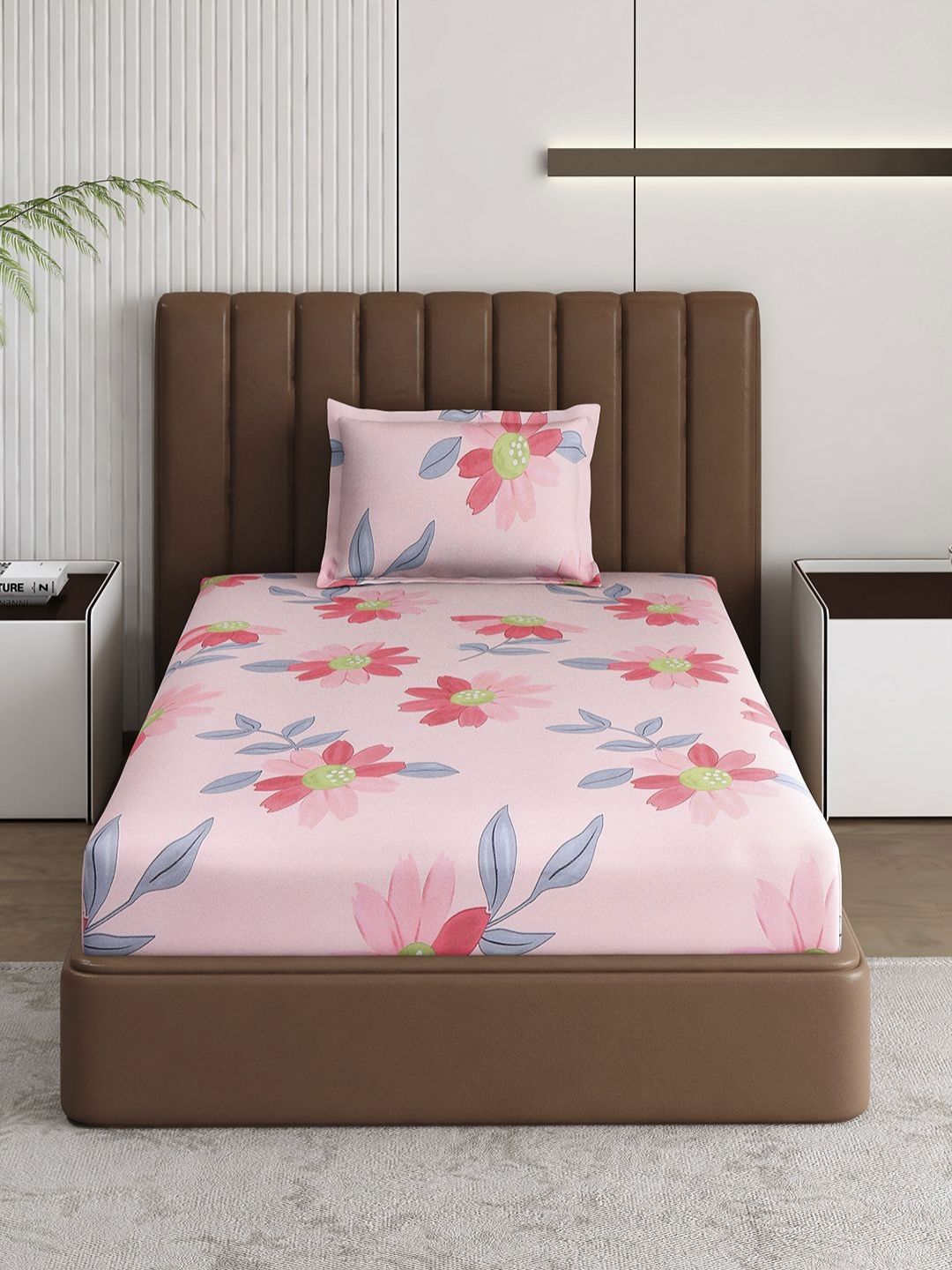 Monte Carlo Pixel Magenta & Gray Floral Dicetak 120 TC Single Bedsheet Set 1.52 m x 2.30 m