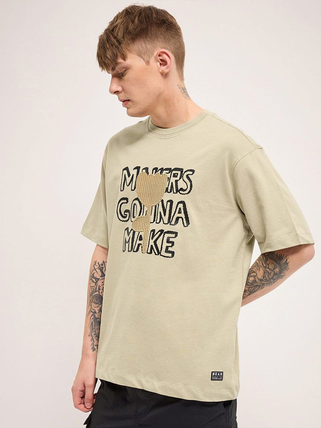 THE BEAR HOUSE Men Graphic Printed Round Neck Cotton Oversized T-shirt