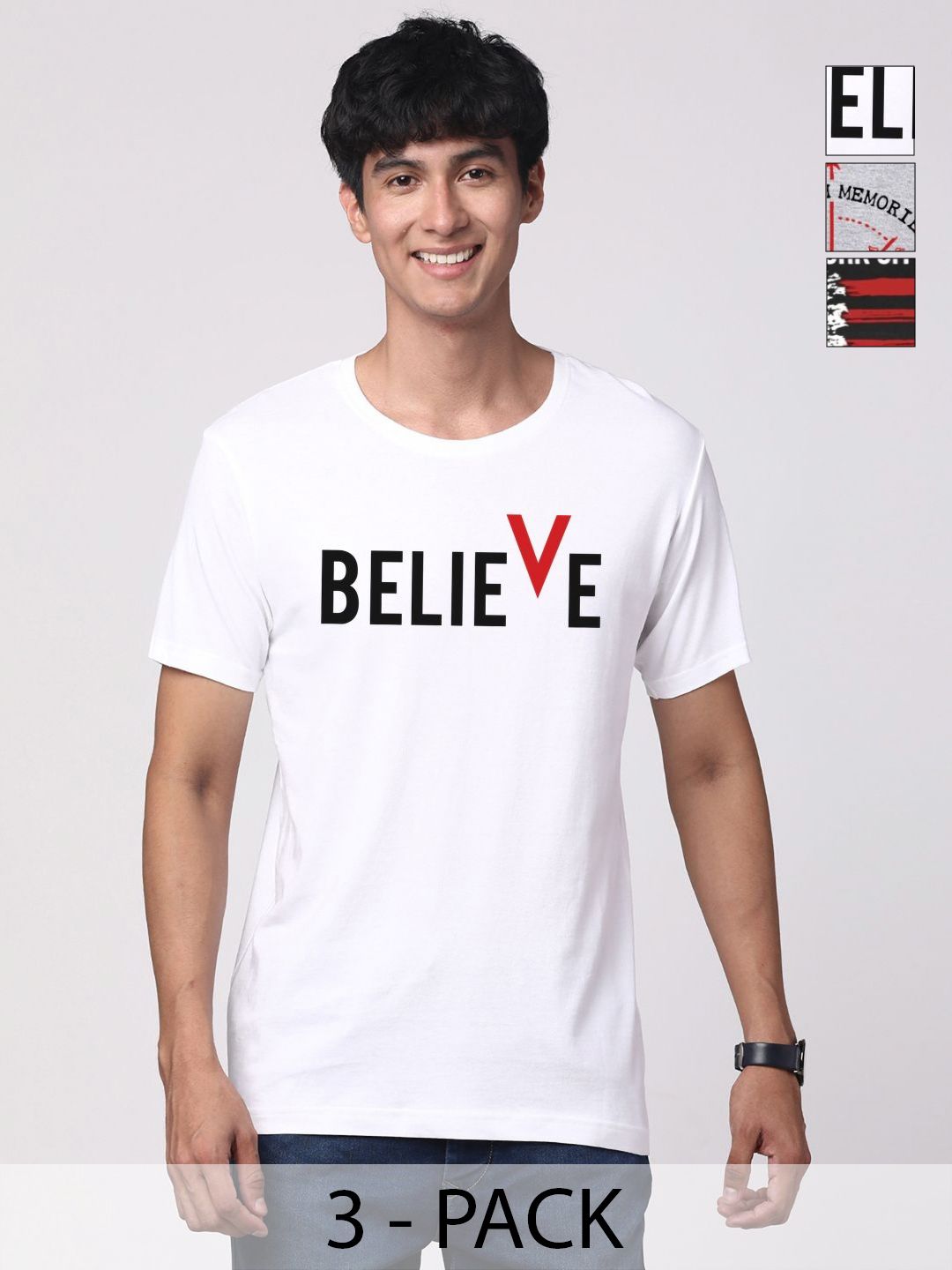 ADRO Men Pack of 3 Typography Printed Round Neck Cotton T-shirts