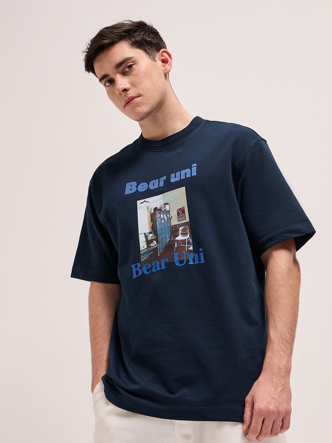 THE BEAR HOUSE Men Graphic Printed Round Neck Pure Cotton Oversized T-shirt
