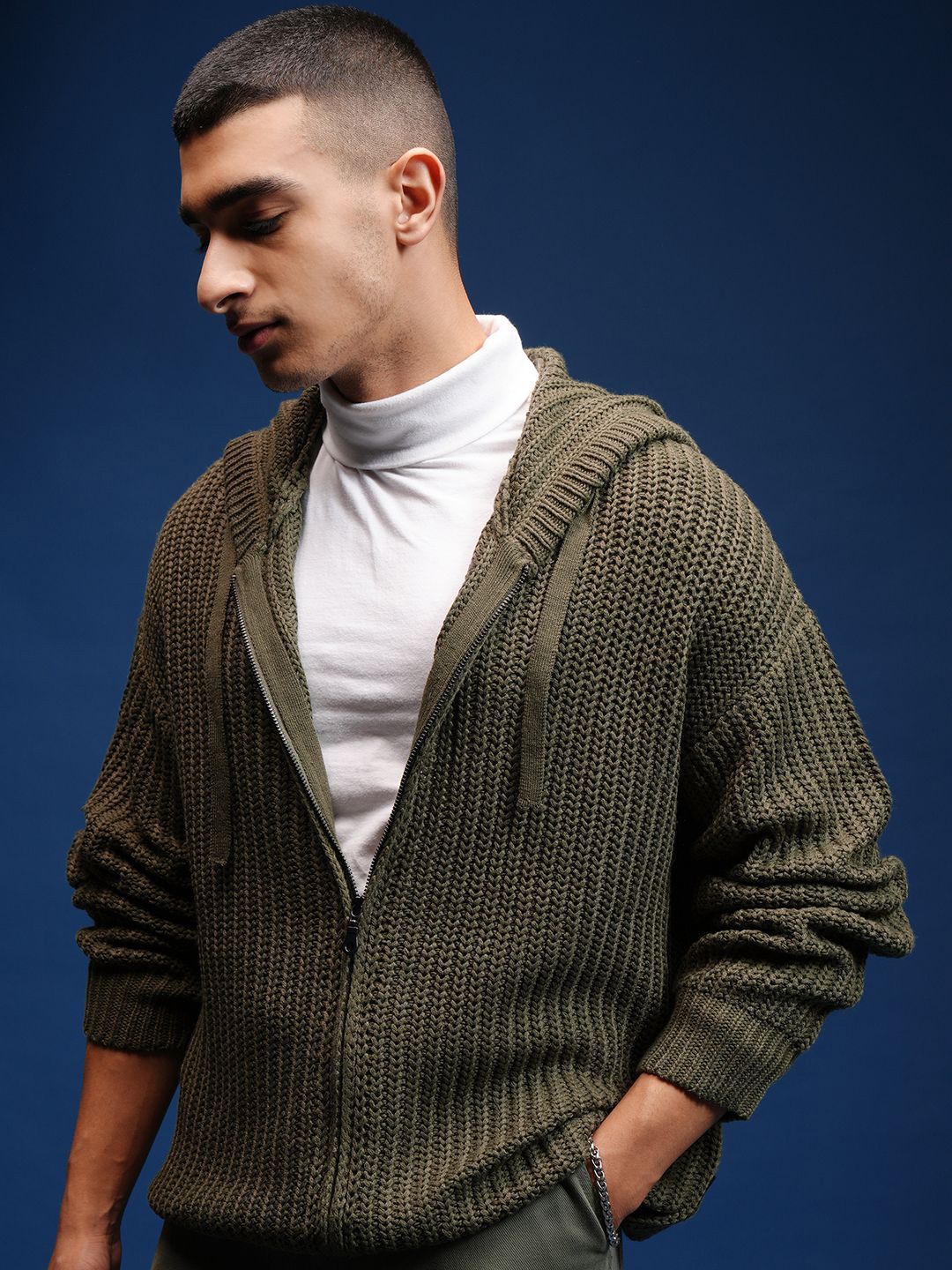HIGHLANDER Men Cable Knit Hooded Cardigan With Zip Detailed
