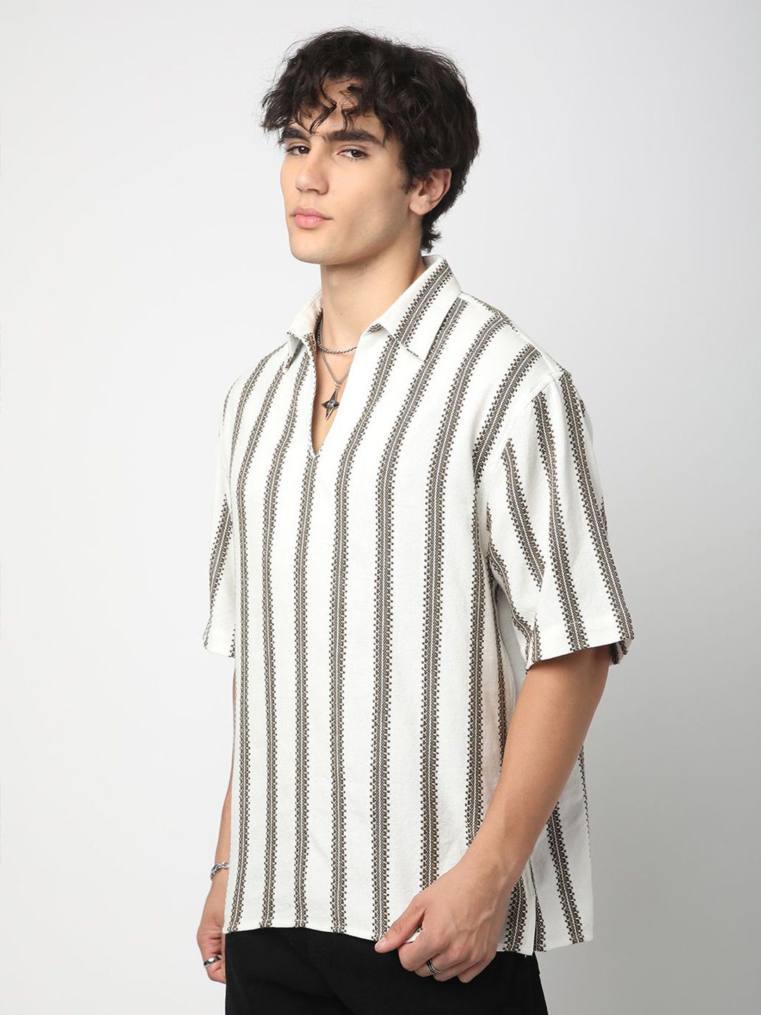 VASTRADO Men Classic Vertical Stripes Self Design Cotton Oversized Casual Shirt