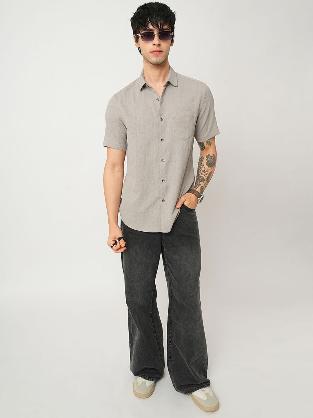 VASTRADO Men Classic Spread Collar Textured Slim Fit Casual Shirt