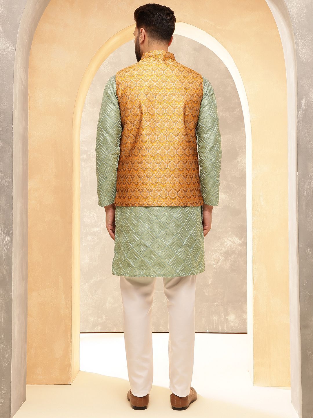 Anouk Olive Geometric Embroidered Straight Kurta With Pyjamas And Nehru Jacket
