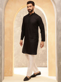 Anouk Black Geometric Embroidered Mandarin Collar Pure Cotton Kurta With Pyjama