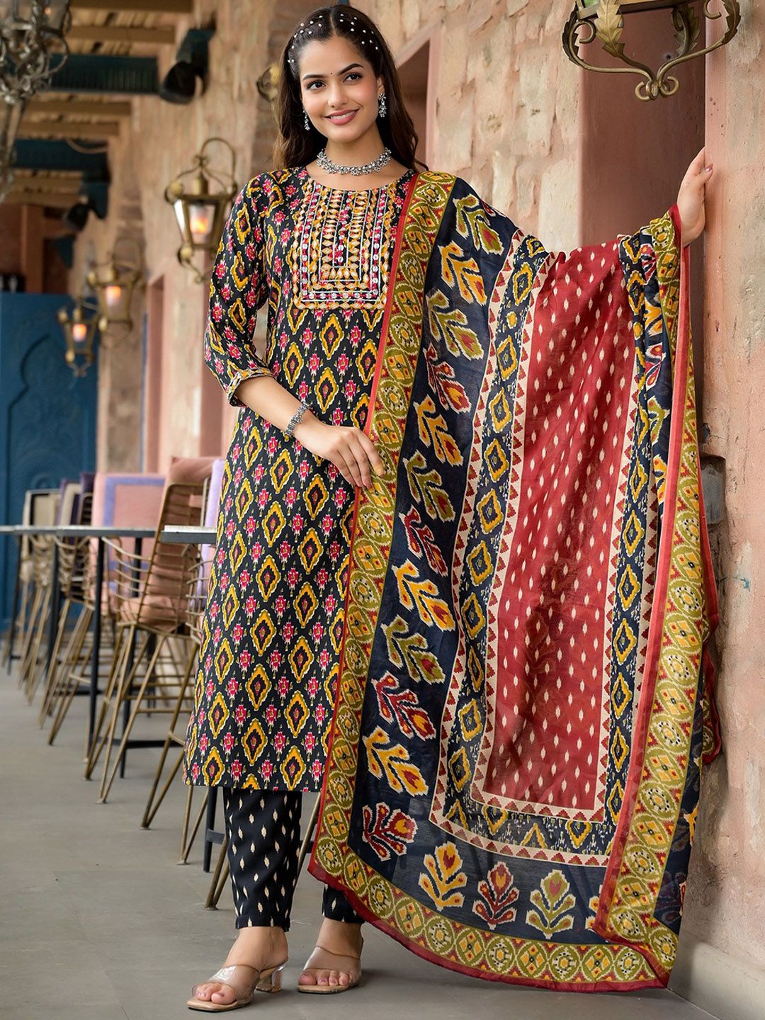 KALINI Geometric Printed Thread Work Straight Kurta With Trousers & Dupatta