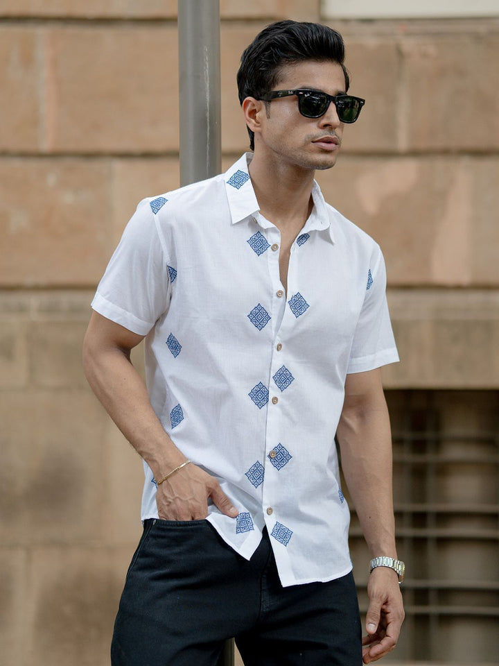 Powerlook SS25 Geometric Embroidered Pure Cotton Casual Shirt