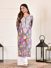 House of Chikankari Women Dark Grey Mulmul Chikankari Embroidered Kurta