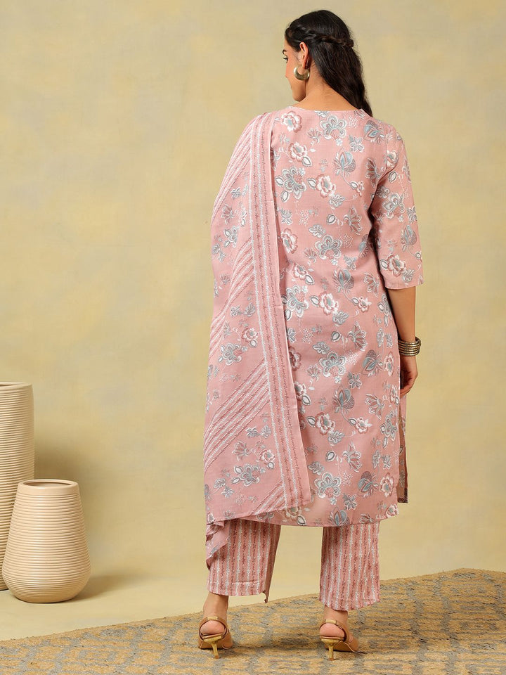 Mamicha Wanita Bercetak Bunga Benang Biasa Bekerja Kapas Tulen Kurta dengan Seluar & Dengan Dupatta
